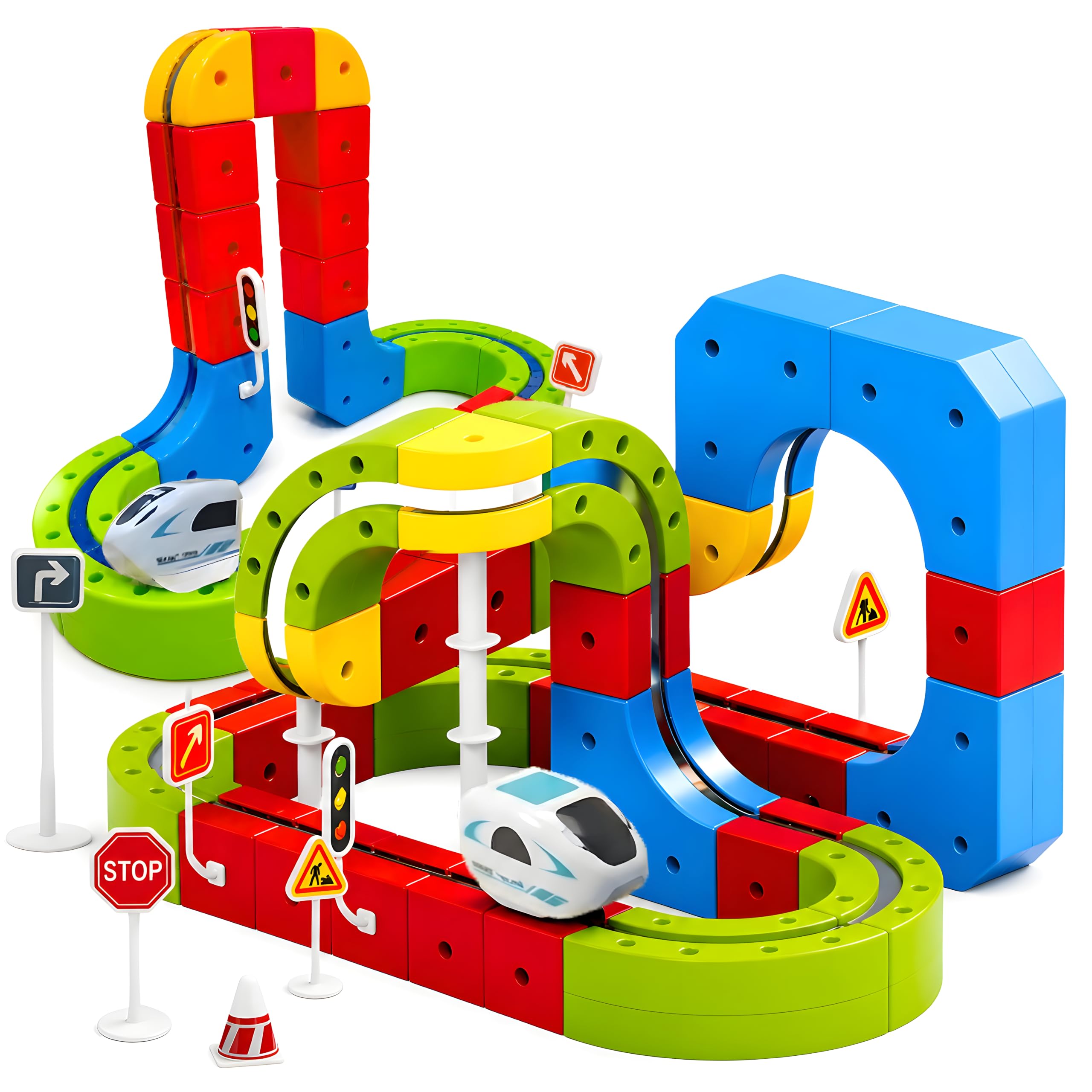 Cable World Magnetic Suspended Orbit Train Track Set for Kids, 89 PCS DIY Magnetic Railway Building Blocks with USB Rechargeable Train, Wall Suction Track, Educational STEM Construction Toy-image-28