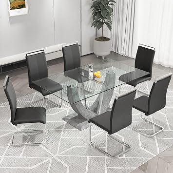 JUFU 71" Glass Dining Room Table Set for 6, Modern Rectangular Kitchen Table Set Tempered Glass Dining Table Top Thick 0.39" with 6 Pcs Leather Dining Chairs