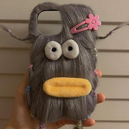 Funda de felpa gris para iPhone 14 Pro, bonita funda protectora de invierno de pelo largo divertido con cara divertida, caricaturas 3D para mujeres