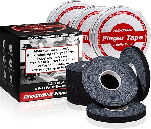 FRESINIDER Cinta para dedos Cinta atlética fuerte 0.3 pulgadas x 45 pies (paquete de 9) juego de lata Sin residuos pegajosos para escalada en