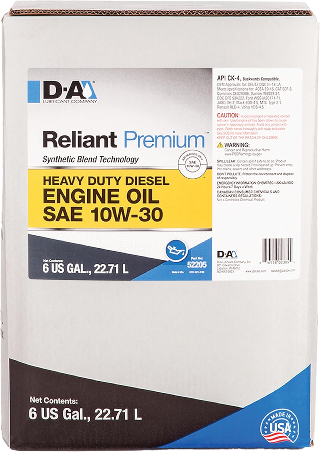 D-A LUBRICANT COMPANY 52205, Reliant Premium Heavy Duty Diesel Engine Oil | Synthetic Blend SAE 10W30 | Comparable to T5 Synthetic Blend | 6 Gallon Bag-in-a-Box (24 Quarts) | Easy Dispense Faucet