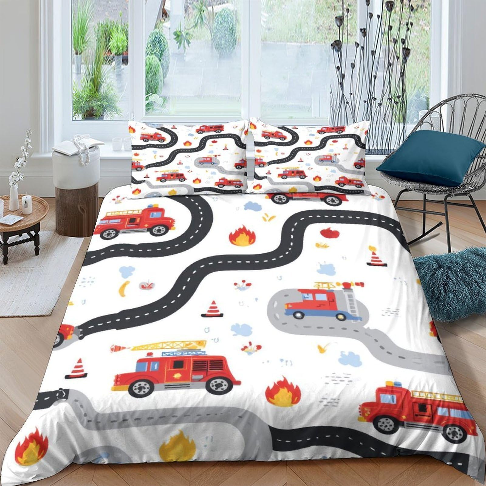Ctjqhvkz Style-3 3D Printed Fire Truck Fitted Sheet Microfiber Soft Non-Slip Flame Road Mattress Cover For Bedroom Guest Room Decor Single（135X200cm）