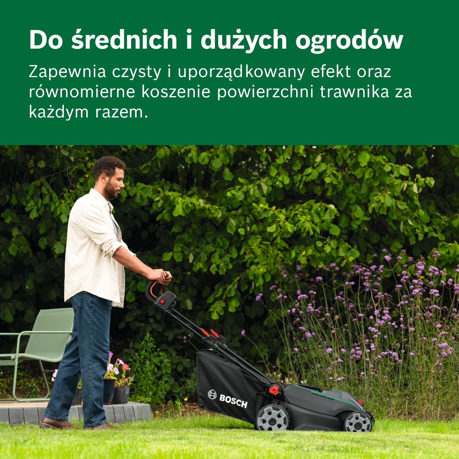 Bosch Kosiarka akumulatorowa ROTAK18V2-43 (szerokość cięcia: 43 cm, wysokość cięcia: 30 – 75 mm, materiałowy worek na trawę 50 l, przystawka do mulczowania, 2 akumulatory 18 V i ładowarka)