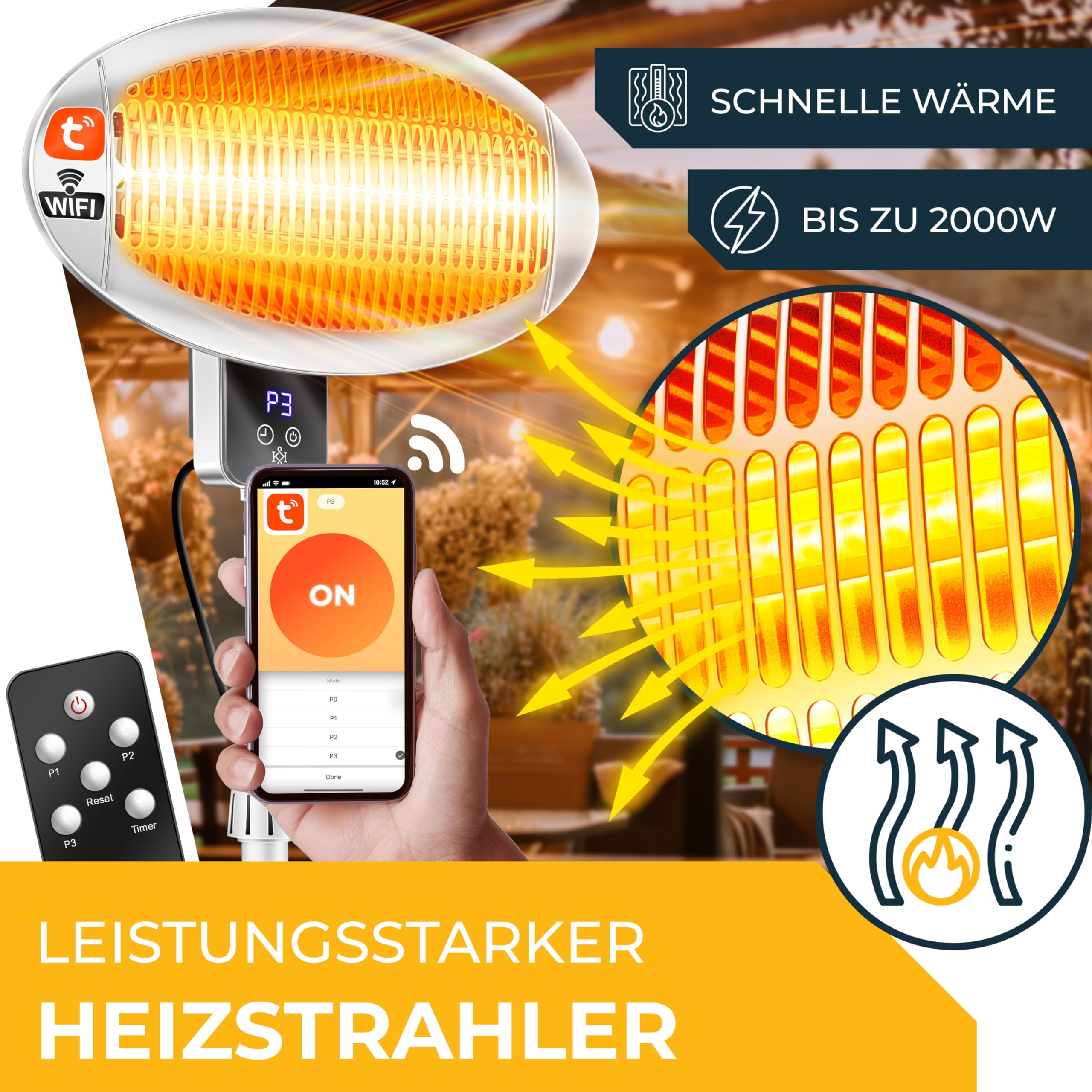 KESSER® Radiatore a Infrarossi 2000W con WIFI e Telecomando 360° Girevole, IPX4