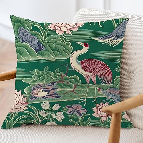 Vista 16 de ArogGeld Fundas de cojín asiáticas escénicas elegantes chinoiserie, diseño de loto verde, pájaros, jardines, funda de almohada para sofá