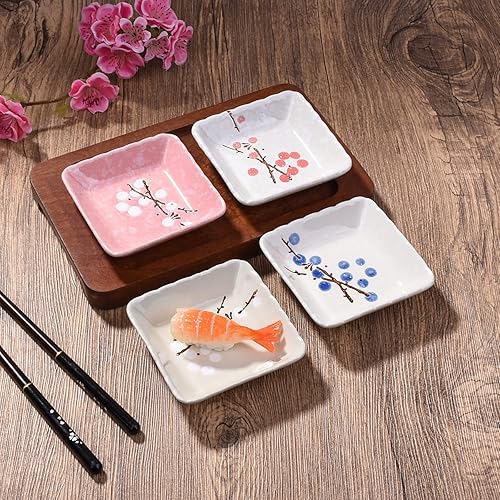 Miniatura 8 de Juego de 4 platos de salsa japonesa de cerámica para condimentos creativos, platos cuadrados de salsa de soja, plato de sushi, plato de salsa de