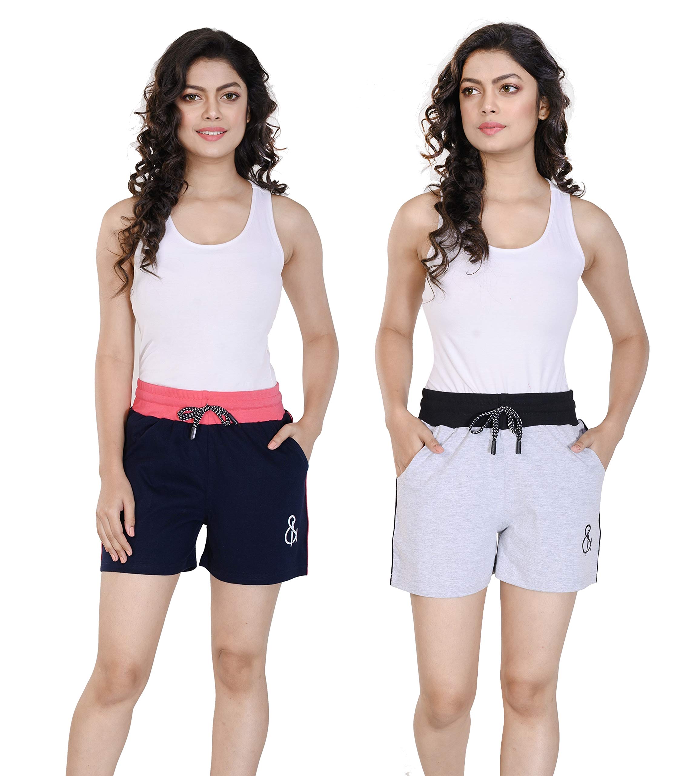 styleaone Women's Cotton Dark Blue, Pink & Grey, Black Night Shorts (Pack of 2)-picture-10
