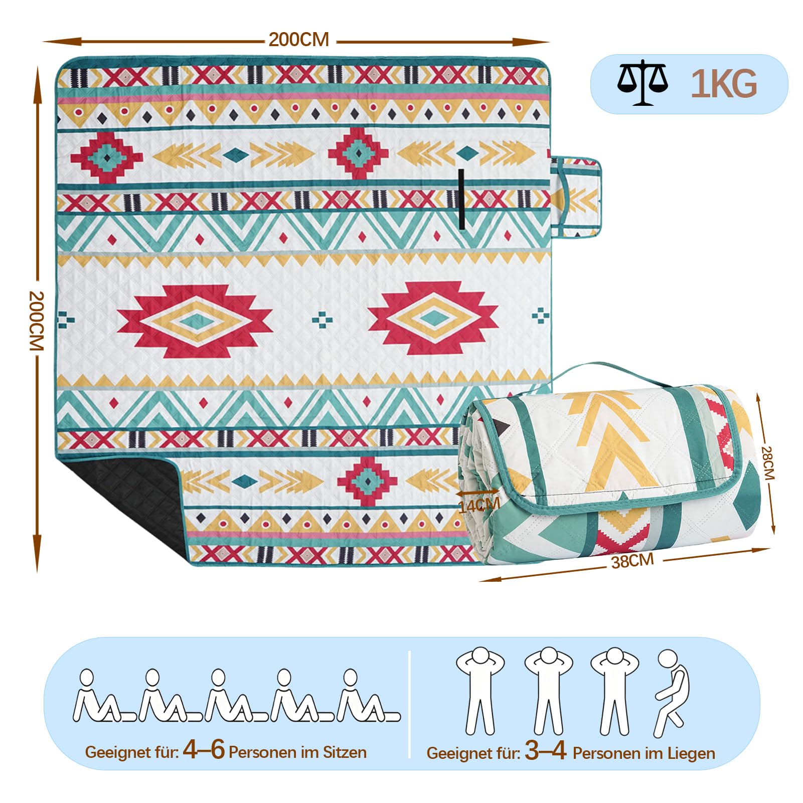 Couverture de pique-nique 200 x 200 cm – Couverture de plage XXL, imperméable et isolée, respirante et douce, tapis de pique-nique et tapis de plage pour camping, plage et pique-nique