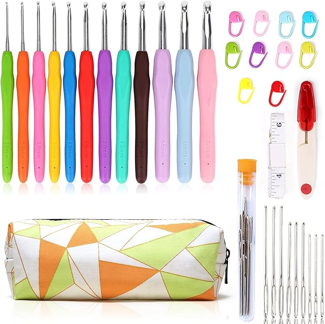 Eotvkof Ergonomic Crochet Hooks Sets Soft Grip for Arthritic Hands, Crochet Hooks Kits for Beginners Adults with Case(2-8mm)