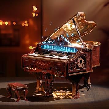 FUNPOLA 3D Wood Puzzle Piano Kit, Wooden Keyboard Model with LED Lights, Interactive Craft Kit & Digital Piano Puzzle for Adultswith LED
