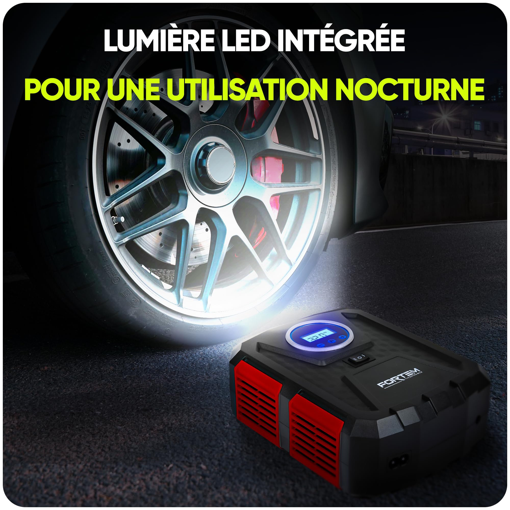 FORTEM Gonfleur pneus Voiture - Compresseur 12V - Compresseur à air portatif Automatique (150 PSI) - Gonfleur Pneu Voiture avec éclairage LED - Compresseurs d'air Portatifs - Moto & Vélo