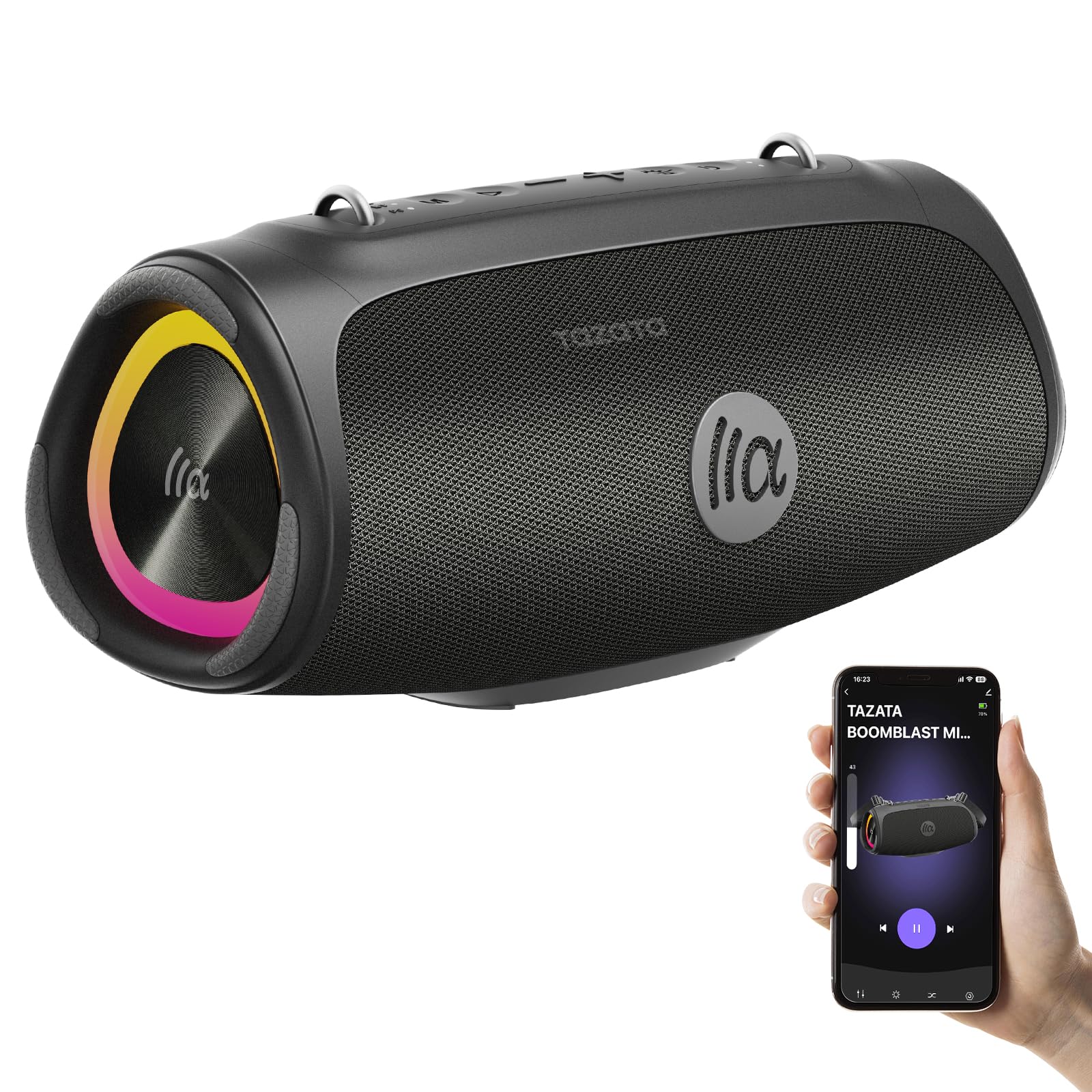TAZATA Altoparlante Bluetooth portatile per esterni, subwoofer da 90 W, 100 + accoppiamento altoparlanti, BassUp 2.0, impermeabile IPX7, galleggiante, Bluetooth 5.3, luci RGB, 6 equalizzatori