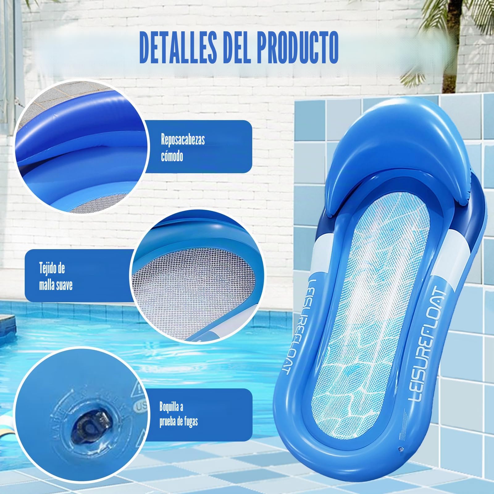 Hamaca de agua con red – Tumbona hinchable con reposacabezas, colchón de aire para piscina para adultos, 150 x 70 cm, tumbona para piscina para adultos, para piscina, lago y playa, accesorios de