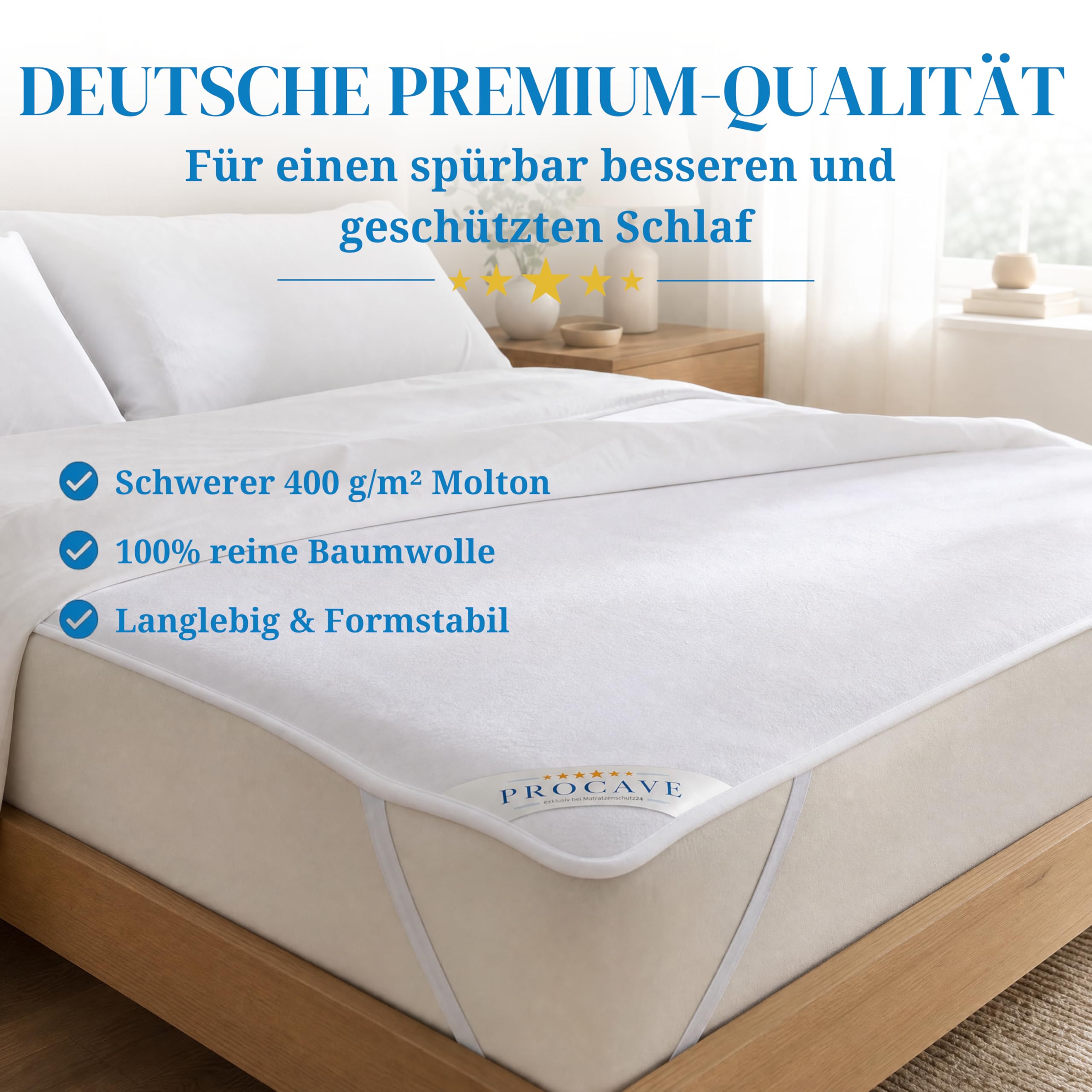 PROCAVE Protector de colchón de muletón en Blanco, 100% algodón, Protector de colchón como Protector de colchón, Fabricado en Alemania, 150 x 190 cm