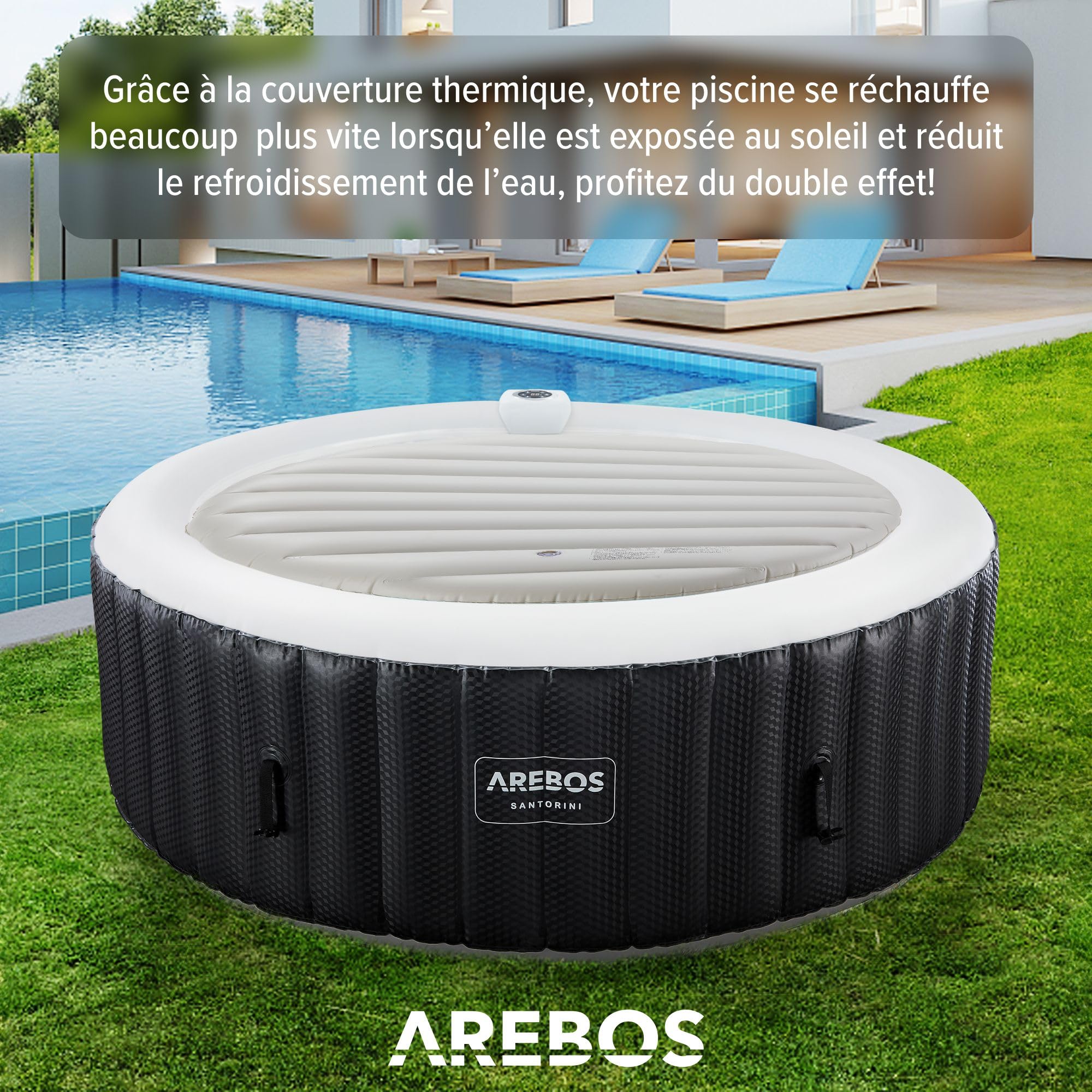 Arebos Couverture Thermique pour Spa | Ø 140 cm à Plat, Ø 130 cm Une Fois gonflée | Couverture Isolante Gonflable | Isolante, économe en énergie et résistante aux intempéries | Gris
