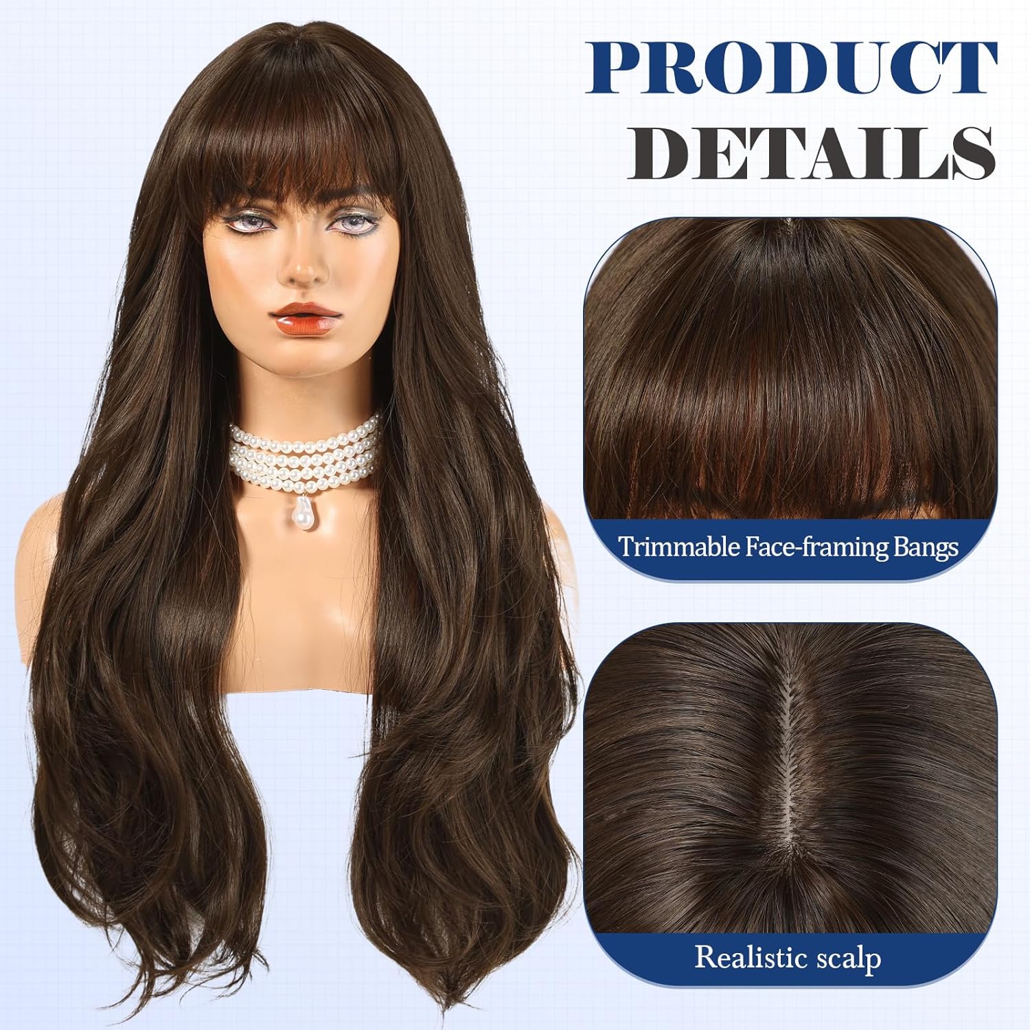 HAIRCUBE Long Dark Brown Wig with Bangs Layered Curly Wigs for Women Natural Synthetic Wigs for Daily Use (pelucas de cabello natural)