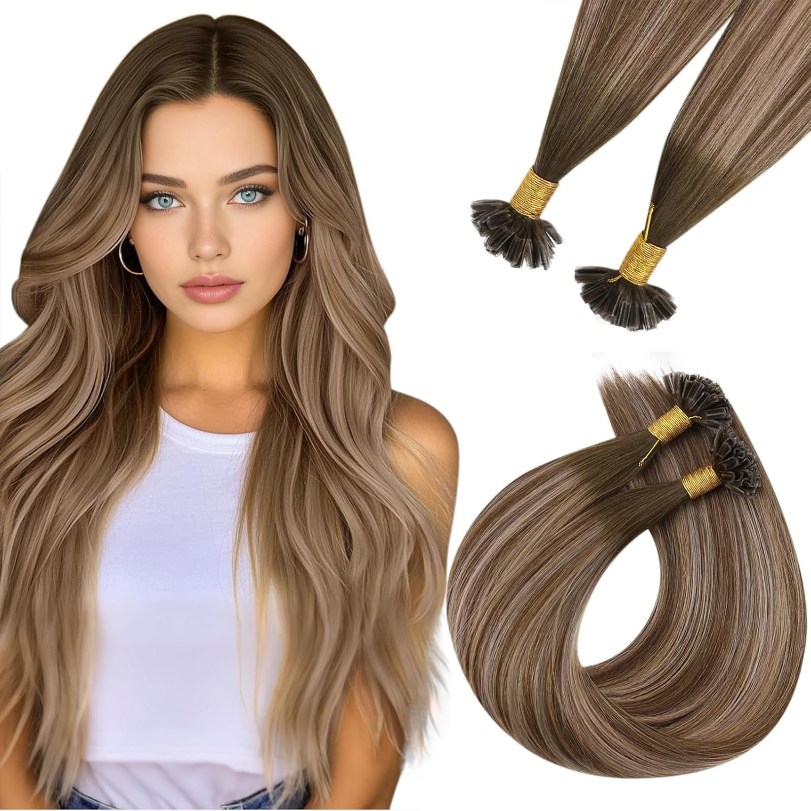 Easyouth U Tip Hair Extensions Brown Keratin Tip Hair Extensions Real Human Hair Darkest Brown Keratin Hair Extension Human Hair with Natural Texture 18Inch 50G 1G/S — view 44