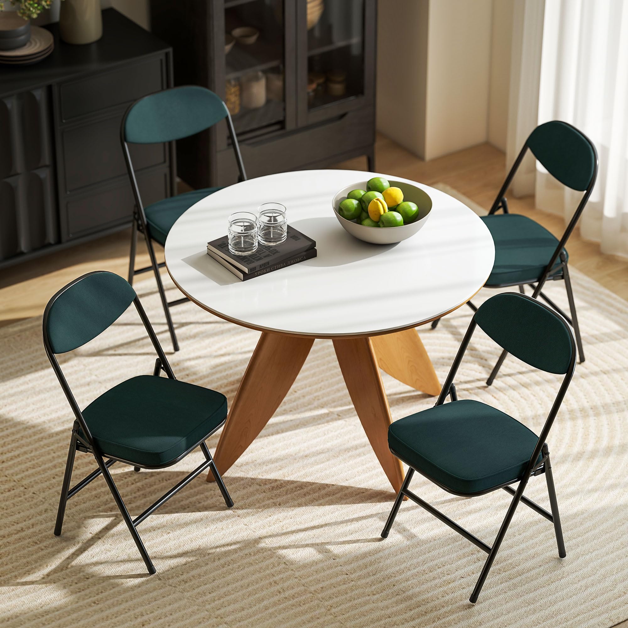 HOMCOM Lot de 4 Chaises Pliantes Portables Intérieur Charge 120 kg Bleu | Chaise Salle à Manger, Assises et Dossiers Rembourrées en Velours Côtelé, Cadre en Acier
