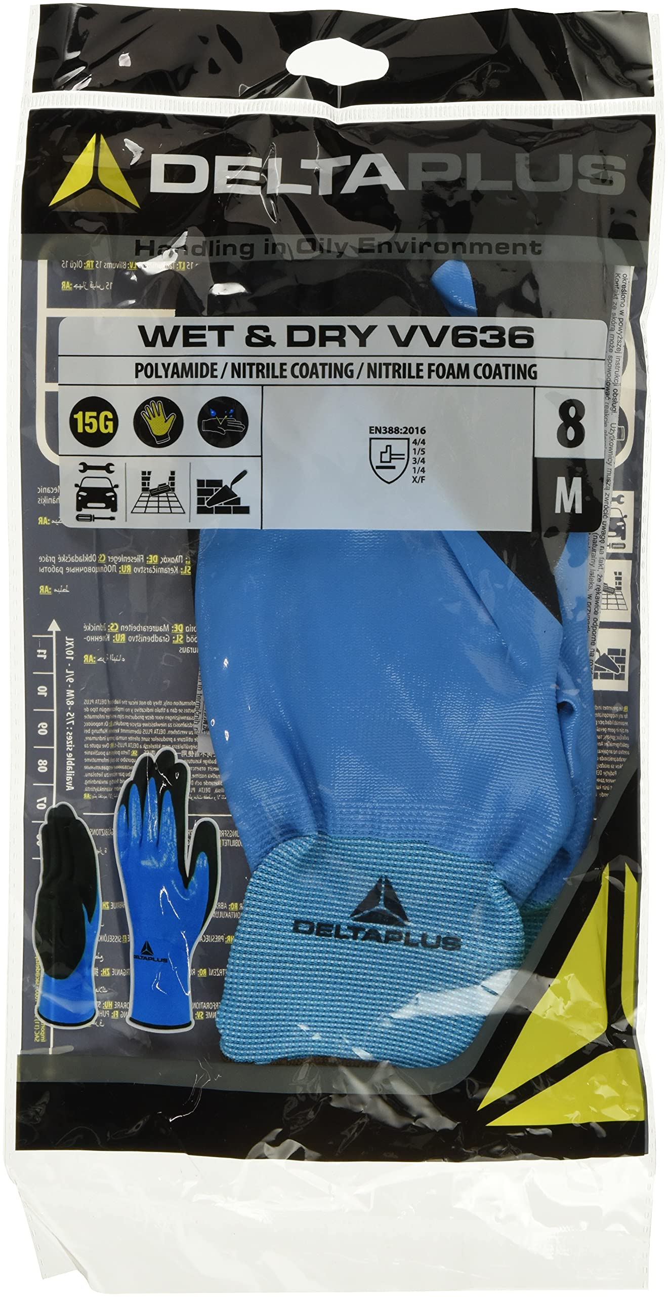 Delta Plus VV636BL08 Polyamide Gloves, Nitrile Coated Hand, Nitrile Foam Coated Palm, Blue/Black, 08, Pack of 1