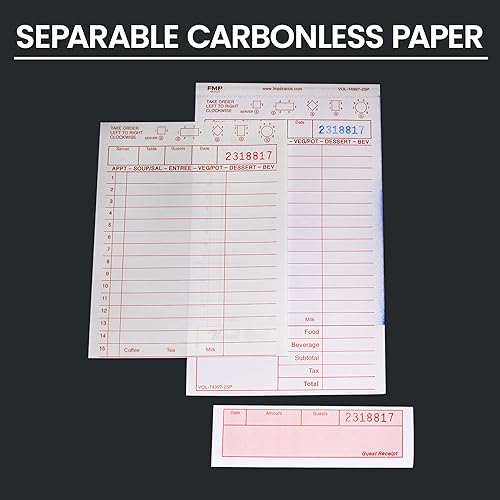 Miniatura 3 de FMP Brands 2 blocs de cheques de invitados sin carbono, bloc de notas perforado para servidor, total de 250 hojas para libro de camarera, recibo de