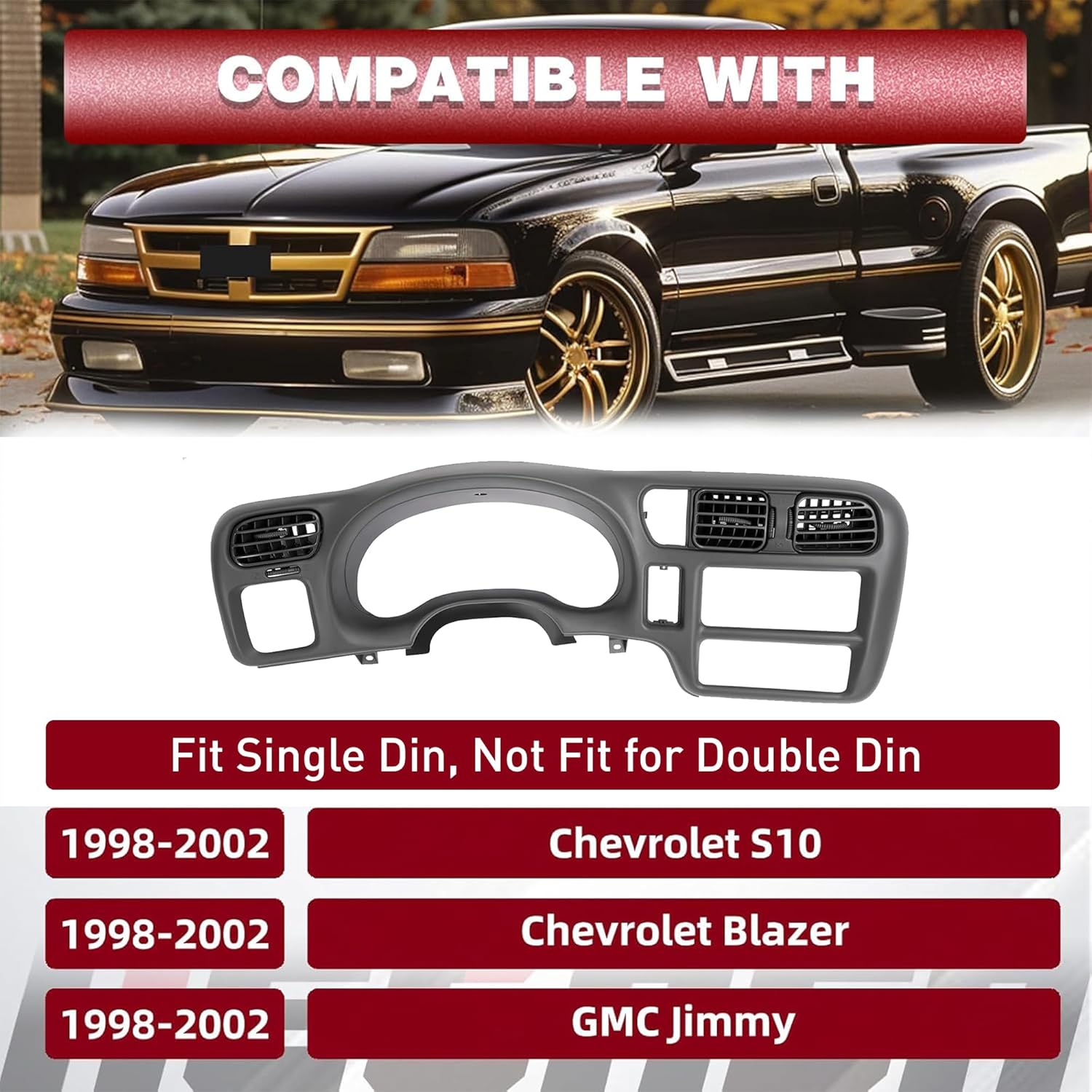 HECASA Radio Panel Bezel Trim Cover Compatible with 1998-2002 Chevy Chevrolet S10 Blazer GMC Jimmy Dashboard Cap Replacement Instrument Overlay Lid Board ABS Plastic Gray Fit Single Din Only