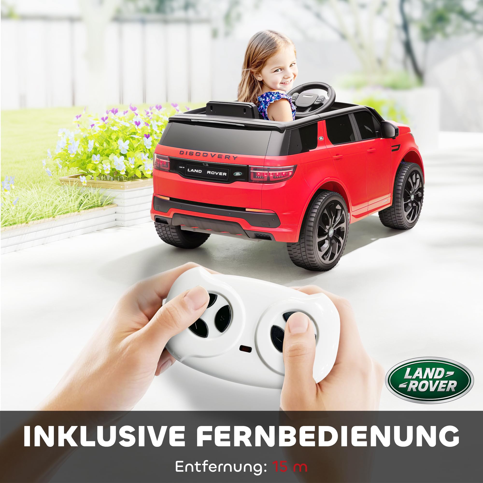 AIYAPLAY Land Rover Discovery Sport samochodzik 12V, 3-6 lat, czerwony | Elektryczny samochodzik, pilot 2,4G, muzyka, klakson, diody LED, USB/MP3, 3-5 km/h