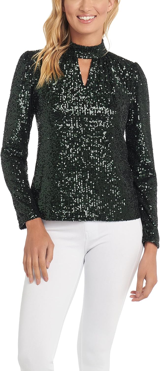 Cable & Gauge Womens AllOver Sequin Puff Long Sleeve Mockneck with ‘V