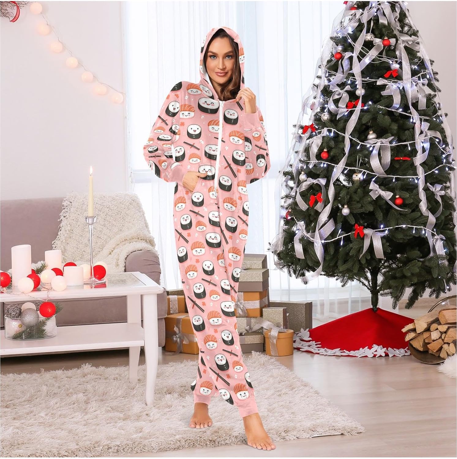 ZZKKO Kawaii Sushi Pink Adult Onesie Pajamas for Women Men Cozy One Piece Pajamas Costume Zip-Up Hooded S-XL