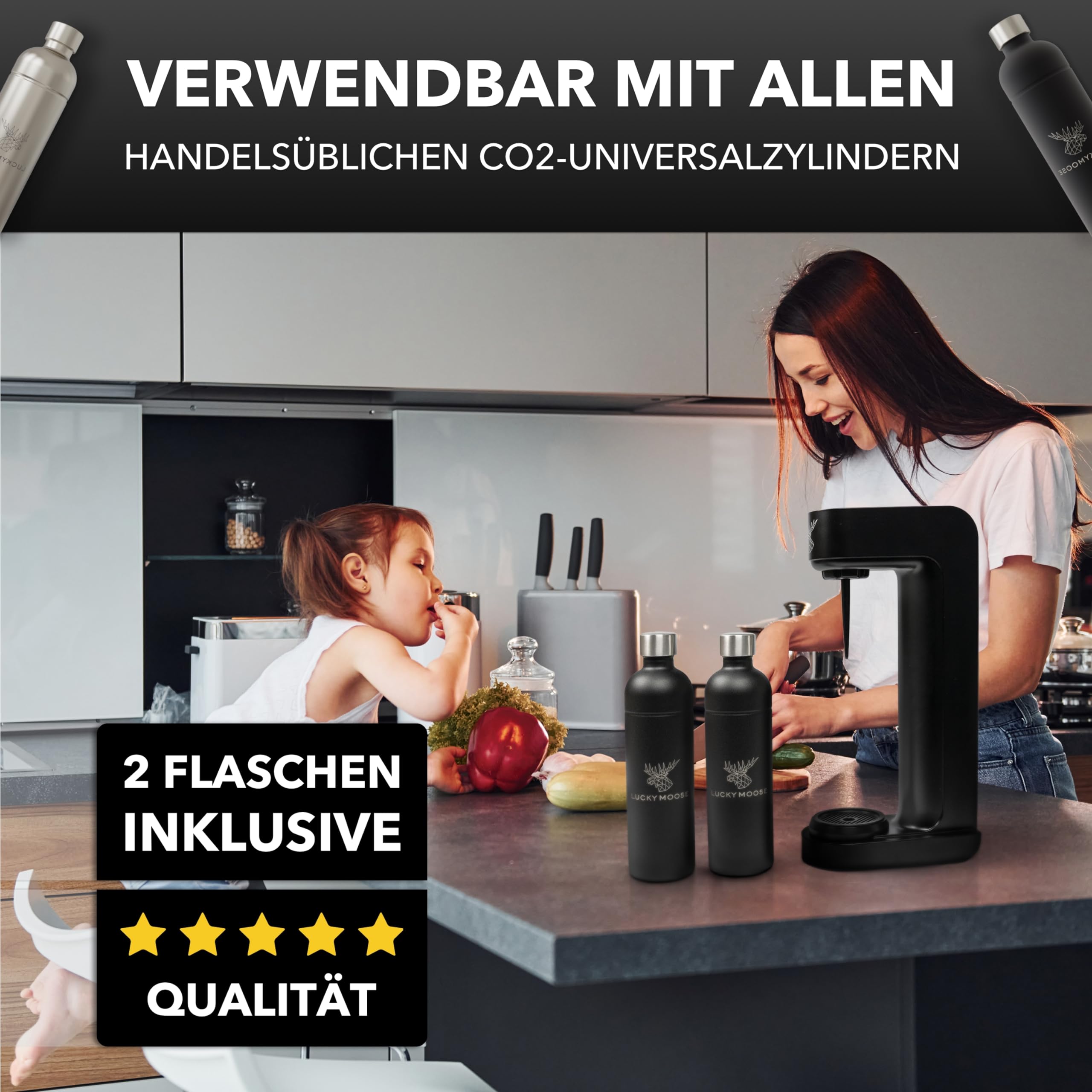 Luckymoose Infinity Wassersprudler mit 2x 1,25L langlebigen, spülmaschinenfesten Edelstahlflaschen – CO₂-sparende Sprudelwasser Maschine – Kompatibel mit den blauen 60l CO₂-Zylindern