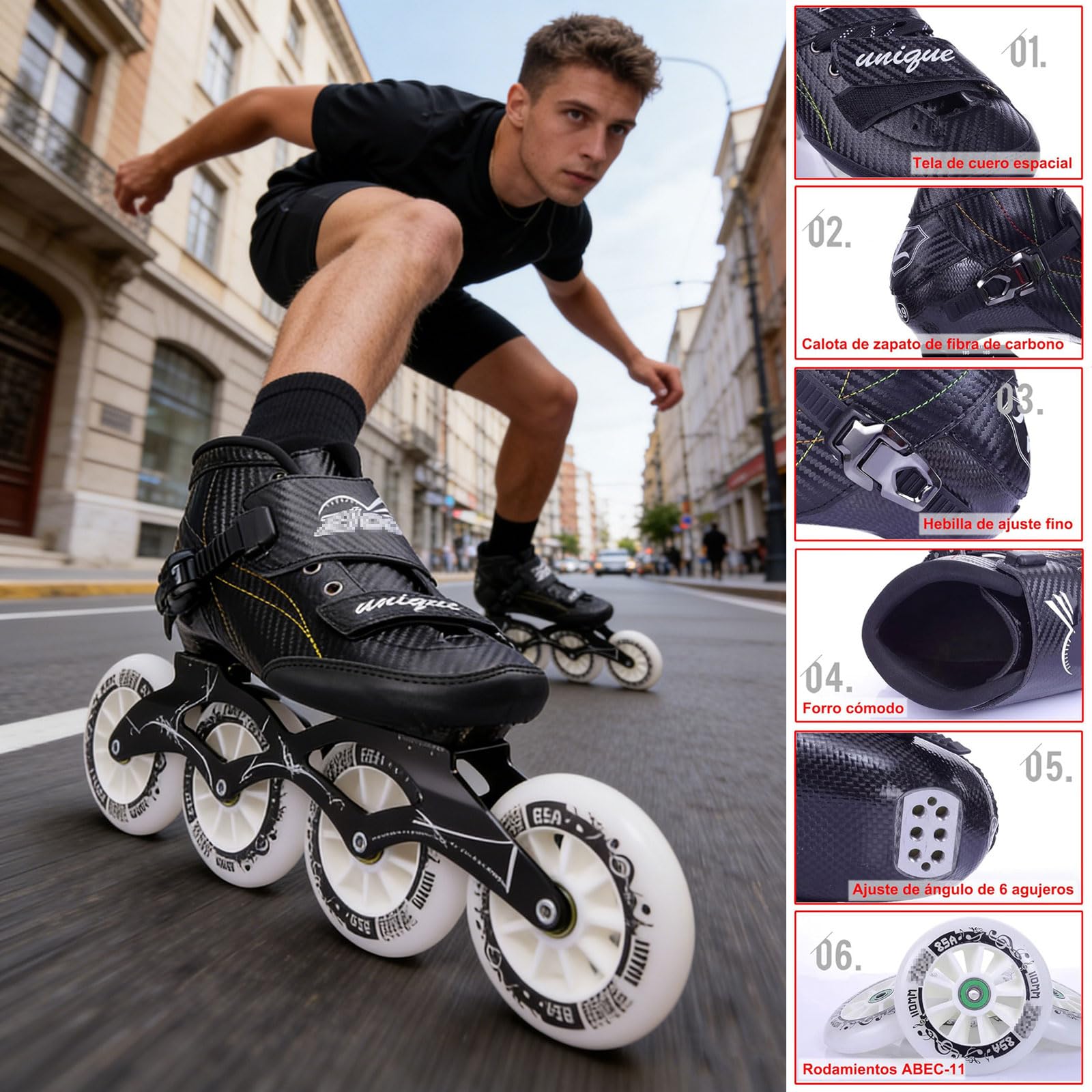 Patines En Linea Adulto, Patines De Velocidad Profesional De Fibra De Carbono para Exteriores, Patines 4 Ruedas Adulto Hombre Y Mujer, Unisex