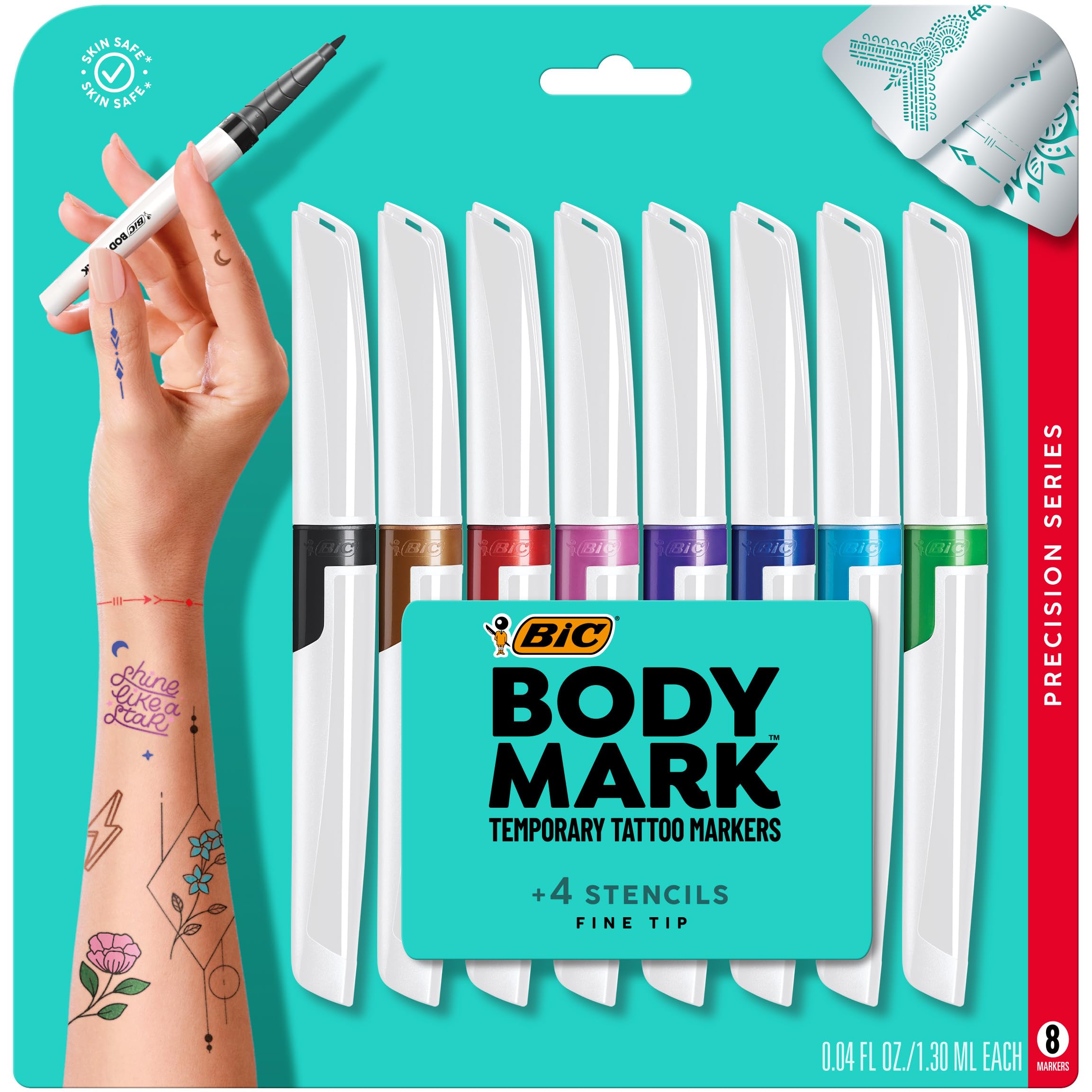BIC BodyMark Temporary Tattoo Markers for Skin, Precision Series, Fine Tip, 8-Count Pack of Assorted Colors, Skin-Safe*, Cosmetic Quality