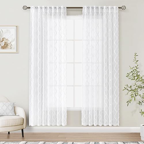 Cortinas traslúcidas blancas de 96 pulgadas de largo para dormitorio, con textura copetuda, bordadas, con patrón geométrico, pestañas traseras,