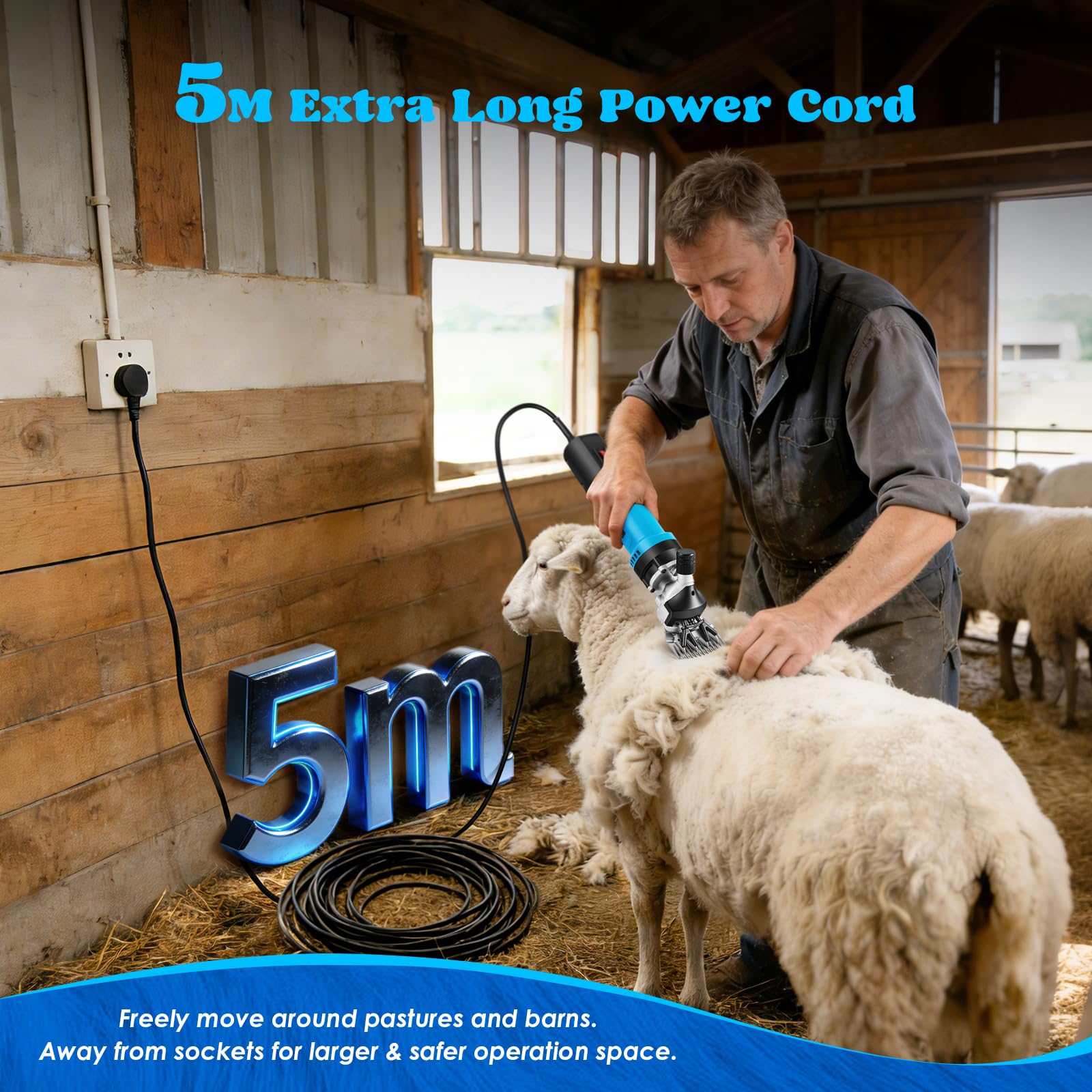 Moongiantgo Esquiladora Eléctrica para Ovejas 1000W 2400 RPM, Máquina de Esquilar Profesional con 6 Velocidades Ajustables, Cortapelos para Cabra, Alpaca, Maletín/Aceite/Destornillador (Azul)