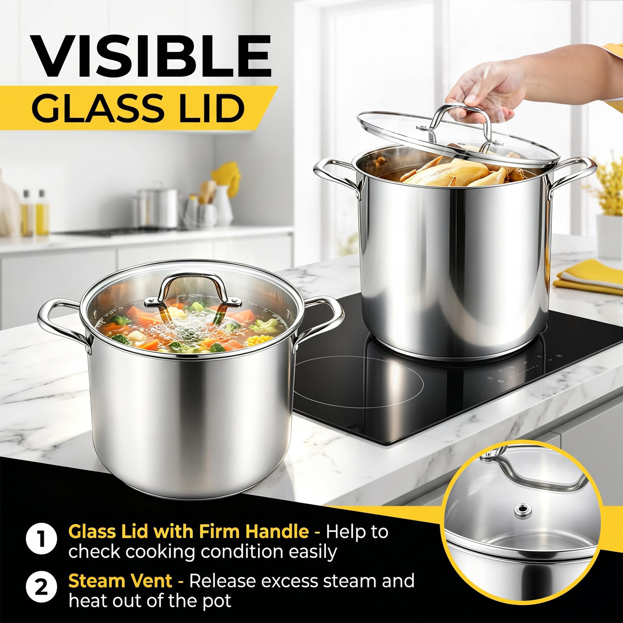 Homikit Pentola grande da 14 litri, in acciaio inox, con coperchio, per inscatolamento e stufatura a vapore, fondo pesante a tre strati, cottura a induzione e pasta, lavabile in lavastoviglie
