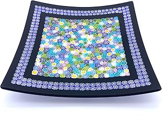 Plato expositor cuadrado azul de cristal de Murano con murrina de colores y soporte metálico, marca de origen, YourMurano