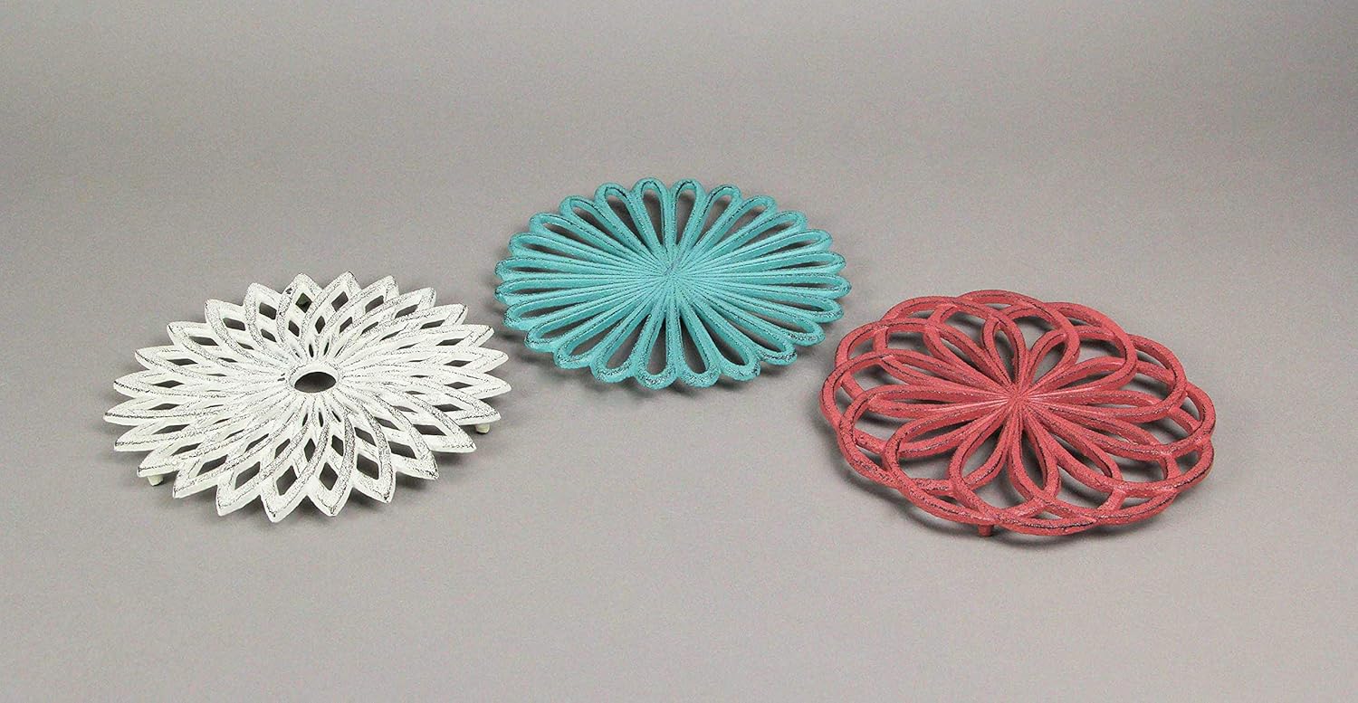 Set of 3 Cast Iron Floral Bloom Trivets - Rustic Kitchen Decor with Bright Colors and Geometric Patterns - Decorative Accessories for Hot Dishes