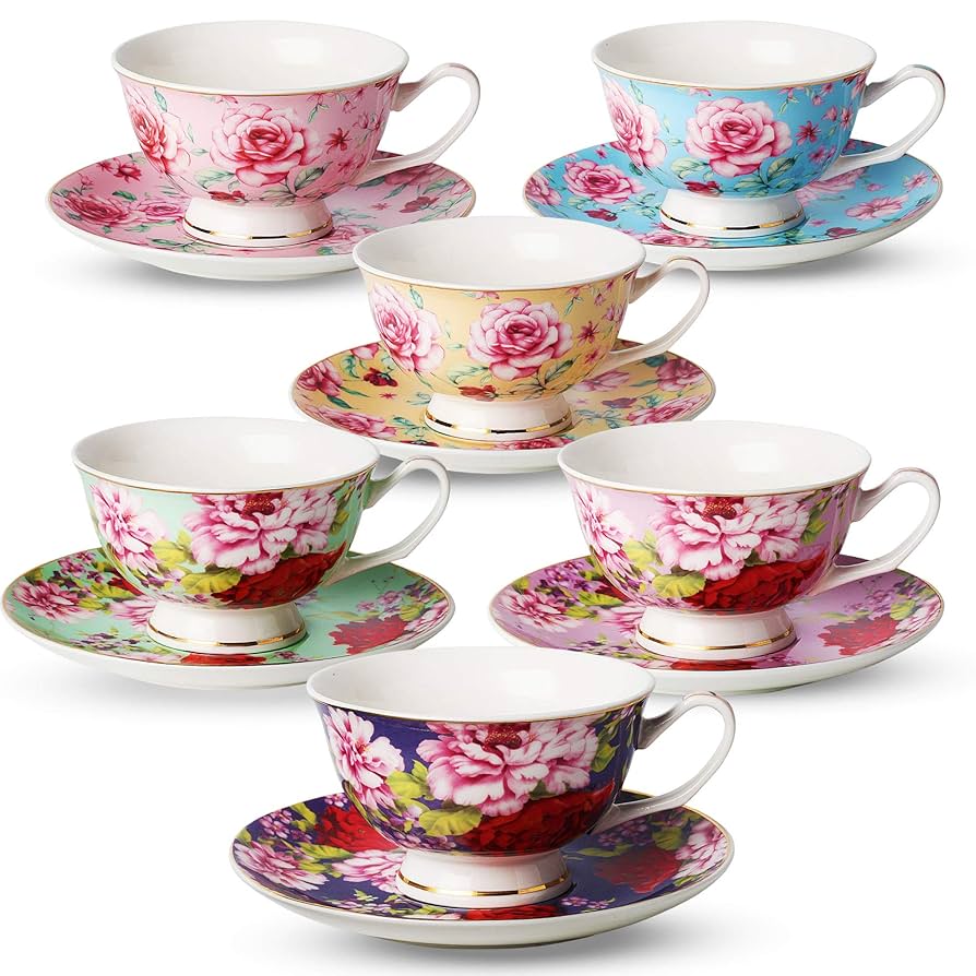 Amazon.com | BTaT- Tea Cups and Saucers, Set of 6, 8 oz