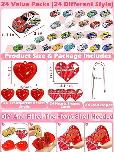 Miniatura 3 de AMENON Paquete de 24 regalos de San Valentín para niños, juego de auto con corazón relleno de tarjetas de San Valentín para niños, aula, intercambio