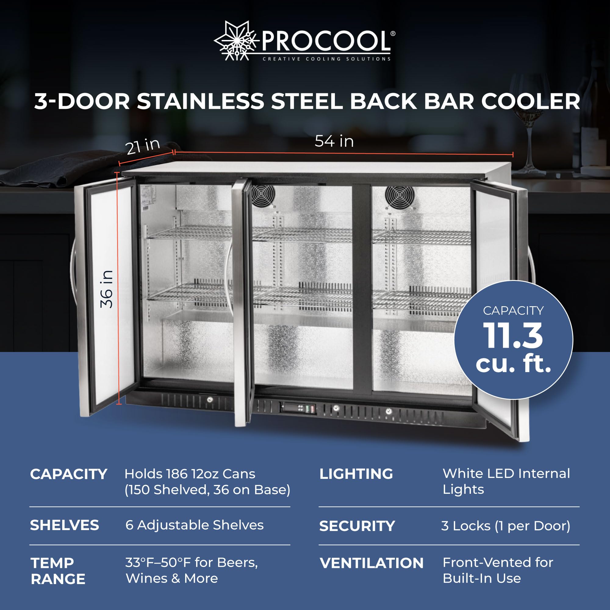 Procool 3-Door Counter Height Beverage Refrigerator - 54" Wide Energy Efficient Stainless Steel Bar Fridge With LED Lighting - Commercial Back Bar Cooler on Fridge.com - View 6