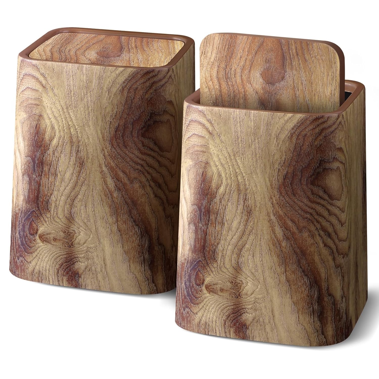 Wood Grain Plastic Trash Can Swing Top Lid, 4Gal/15L Farmhouse Wastebasket Bin Retro Style with Inner Bucket, Bathroom Trash Can Hidden Bag for Room Aesthetic, Square Brown Garbage Can 2pack Square-Swing Lid - 4Gallon