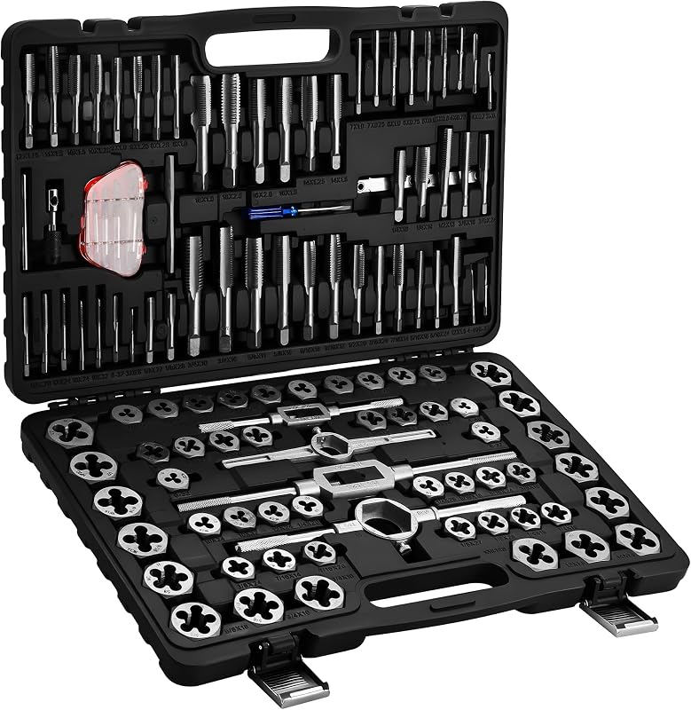 Anfrere 116pcs Tap and Die Set in SAE & Metric Sizes | Standard Tap Set and Die Tool Set for Threading and Rethreading Internal and External Threads, M3-M18 Thread Repair Kit