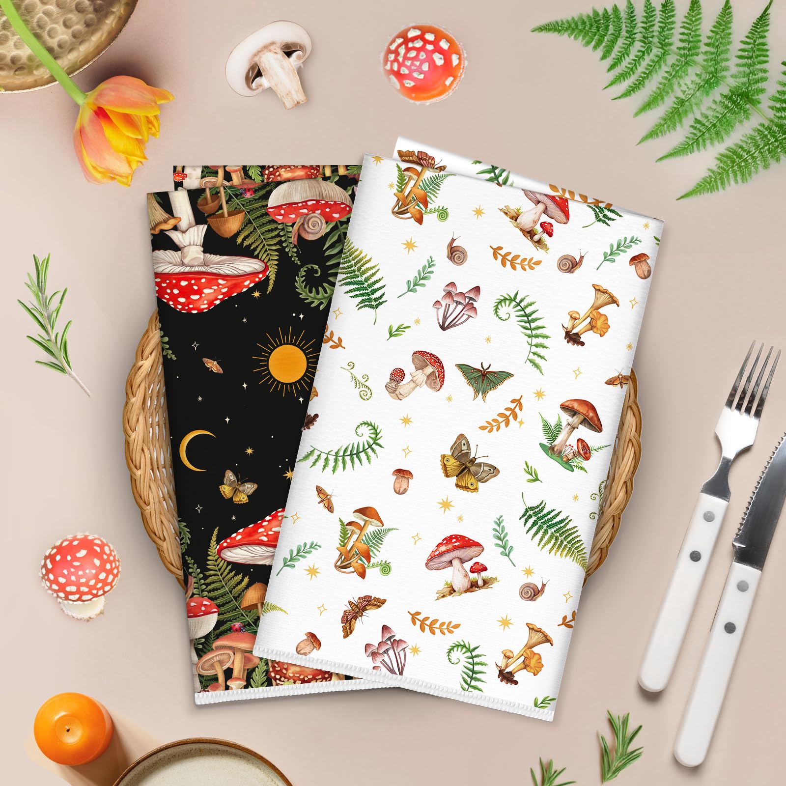 Arquiel Boho Mushroom Microfiber Kitchen Towels, Soft Absorbent Hand Towel 40 × 60 cm - Image 3