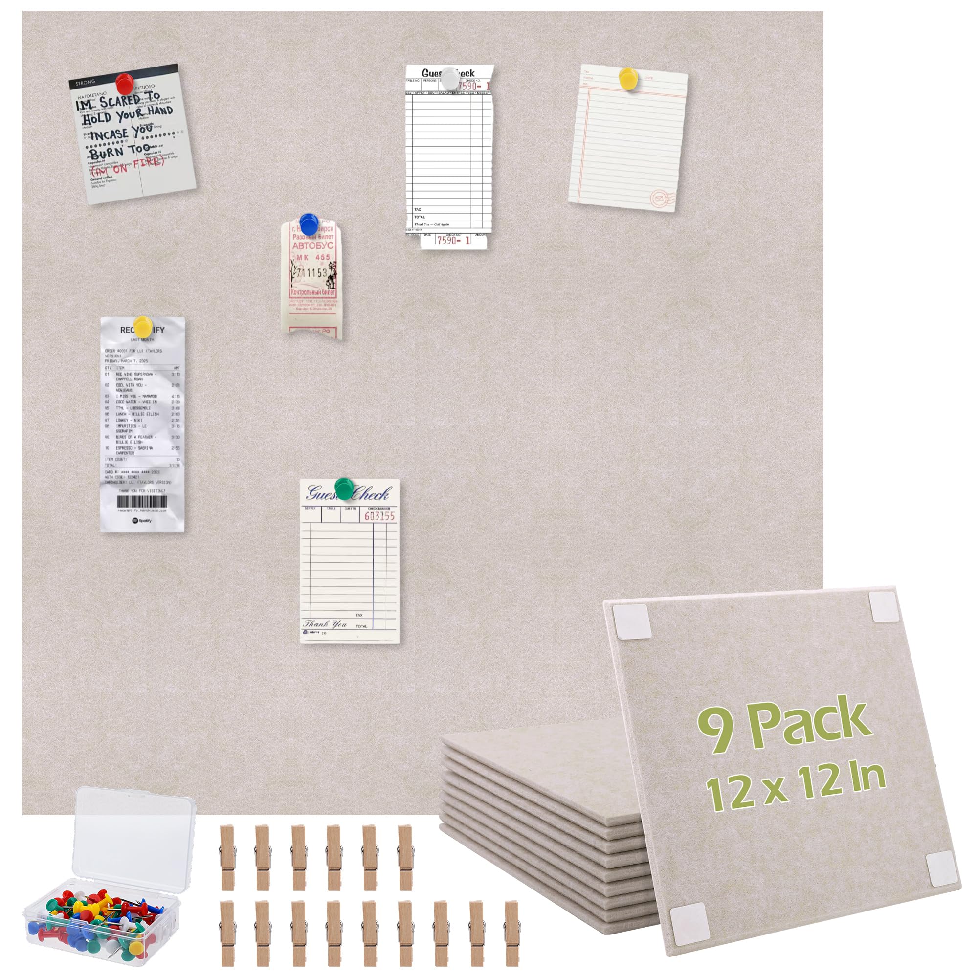 Aodaer 9 Pack Large Felt Bulletin Board, 12 x 12 Inch Felt Board Tiles, Cork Boards with 40 Double Sided Adhesive Dots 50 Pushpins 20 Clips, 9 mm Thick Pinboard for Wall Office Home Decor, Light Camel