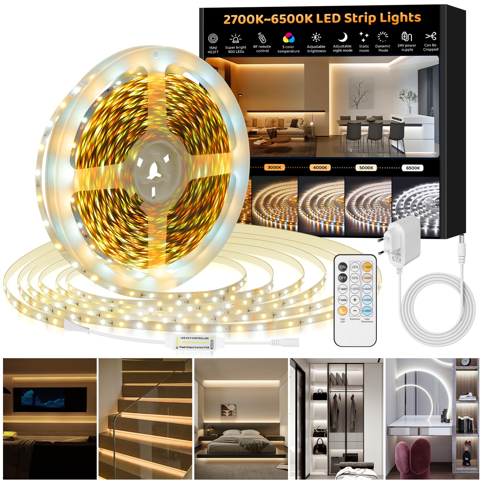 LED Strip 15M Warmweiß-KaltesWeiß,Dimmbar 2700K-6500K LED Streifen mit RF Fernbedienung & Netzteil,Super hell 900LEDs 24V LED Strip Light Kit,Selbstklebend DIY Flexible Lichtleiste für Party Heim Deko