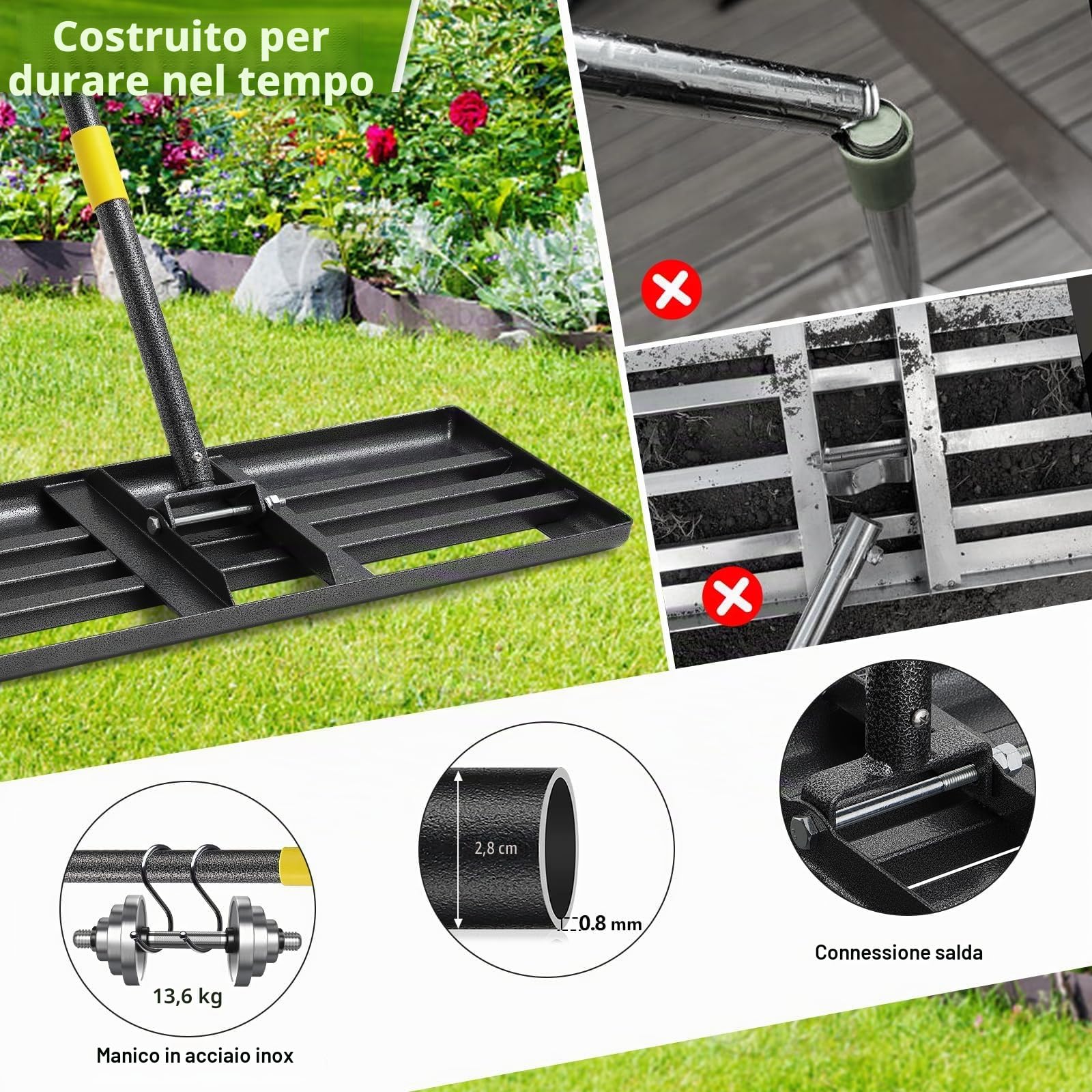 Rastrello Raschietto per prato, in acciaio inox, da 157 cm, per livellare erba di campi da golf, erba di giardini, prati, cortili interni (76 x 25 cm)