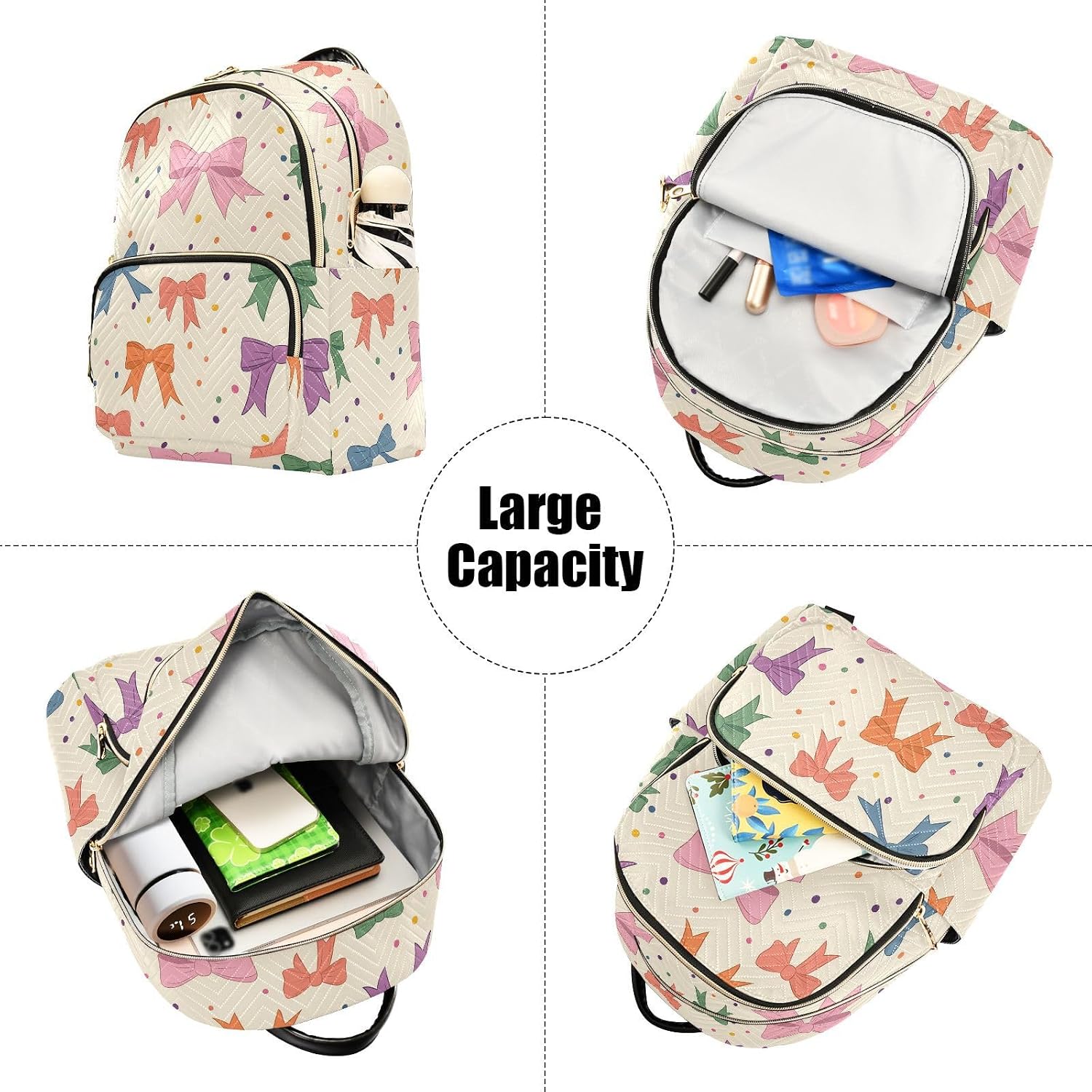Cute Bows Polka Dots Colorful Backpack Purse for Women Shoulder Bag Fashion Daypack Ladies Handbag Lightweight Travel Bag Rucksack
