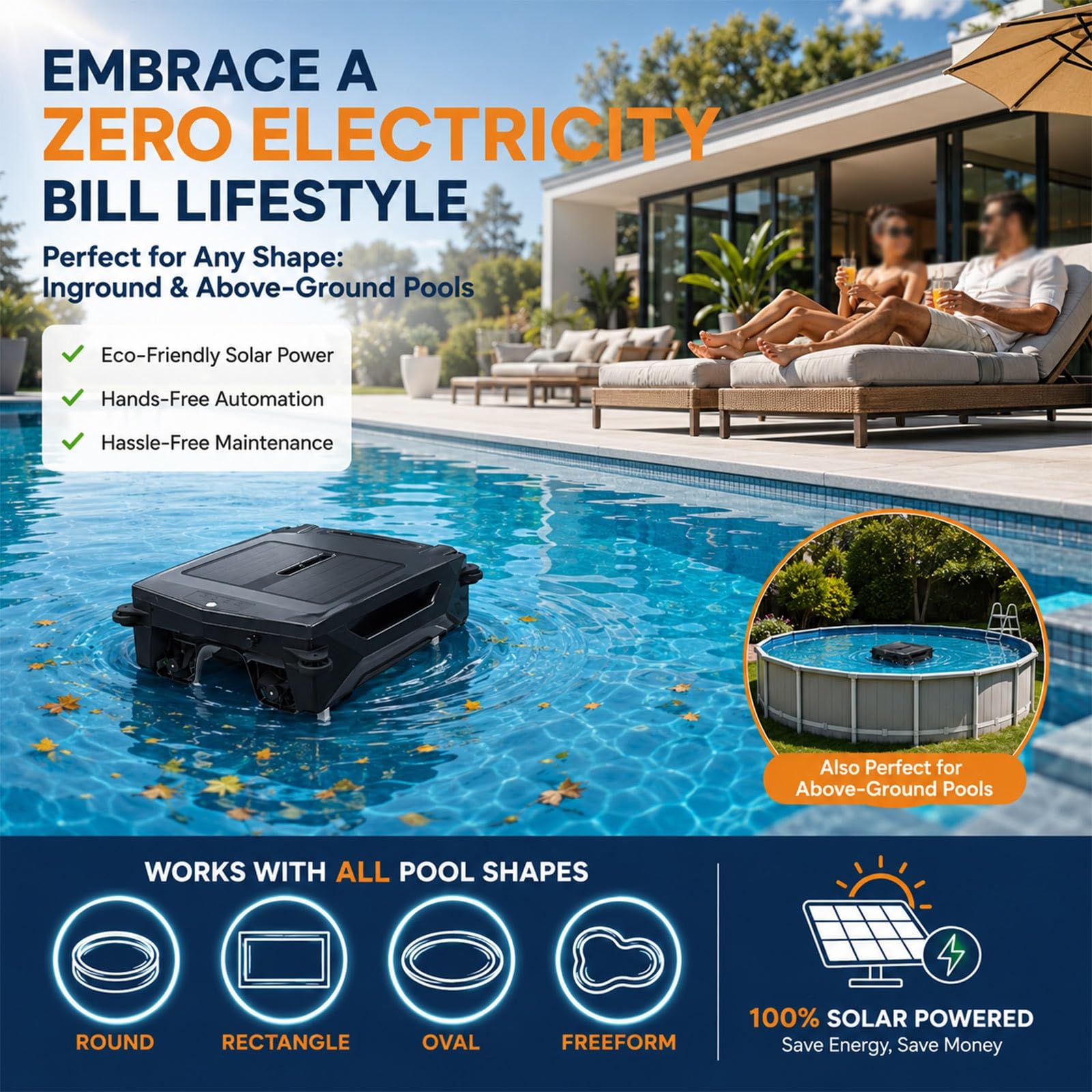 Skimmer de Superficie Solar Automático, Robot Aspirador Piscina Flotante | Sin Cable con Filtro Fino de 400um para Tanque Grande, Mantenimiento Ecológico