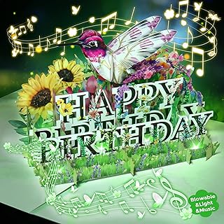 Birthday Cards w Lights & Music, Musical Pop-up Happy Birthday Card w LED Light & Blowable Sunflower, Pop Up Flower Cards for Women Mom Grandma Wife Sister, Gifts for Her, 10 x 7.8 inch