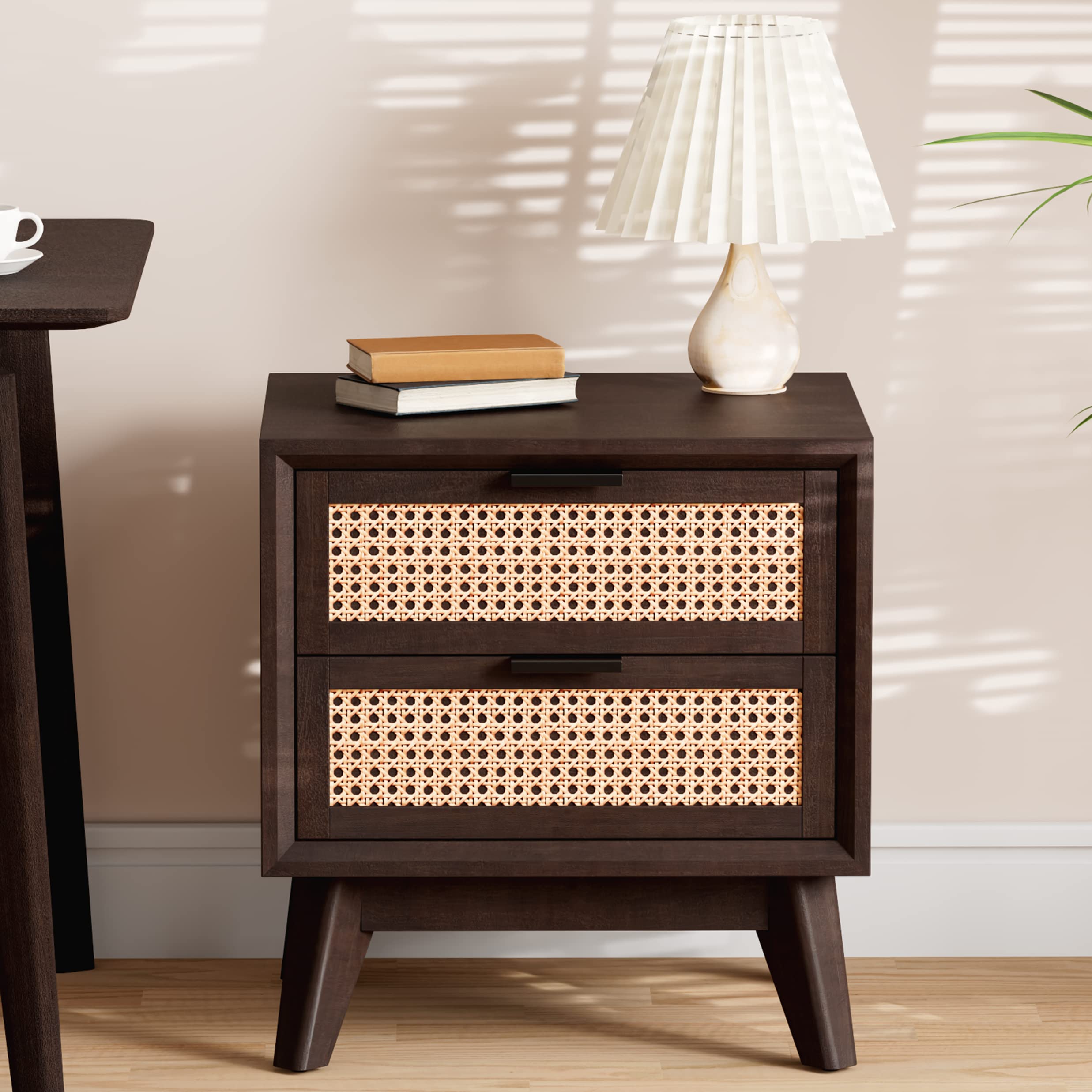 Bme Jasper Deluxe Solid Wood Rattan Nightstand Fully Assembled-Mid Century Modern Side Table with 2 Drawers-Multipurpose use for Living Room, Bedroom-Walnut