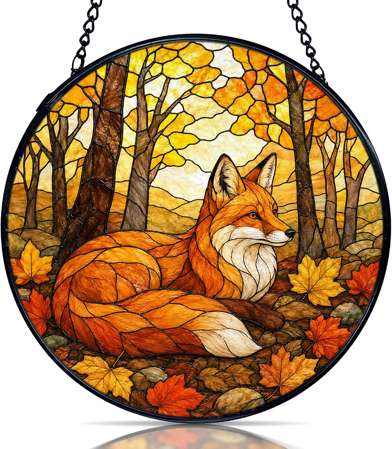Forest Maple Leaf Fox Stained Glass, Fall Suncatcher 7.8x7.8in | Fox Gifts for Women Stained Glass Window Hanging Round Wall Art, Rustic Autumn Forest Wild Animal Round Wall Decorations